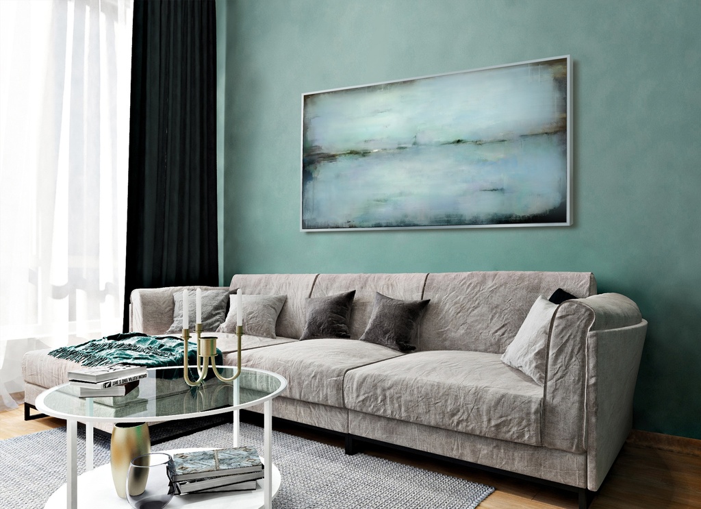 Teal blue minimalist long canvas scenic paintings, contemporary abstract wall art