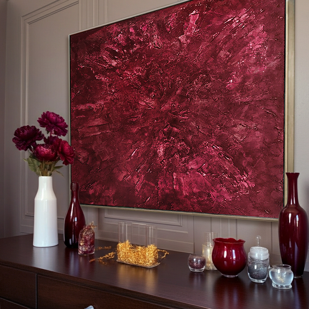 Ruby red painting on canvas, original abstract large wall art, red bordeaux burgundy color painting
