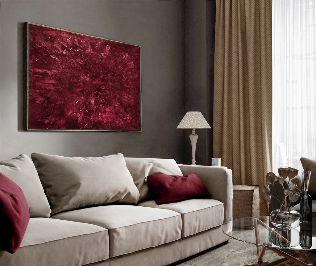 Ruby red painting on canvas, original abstract large wall art, red bordeaux burgundy color painting