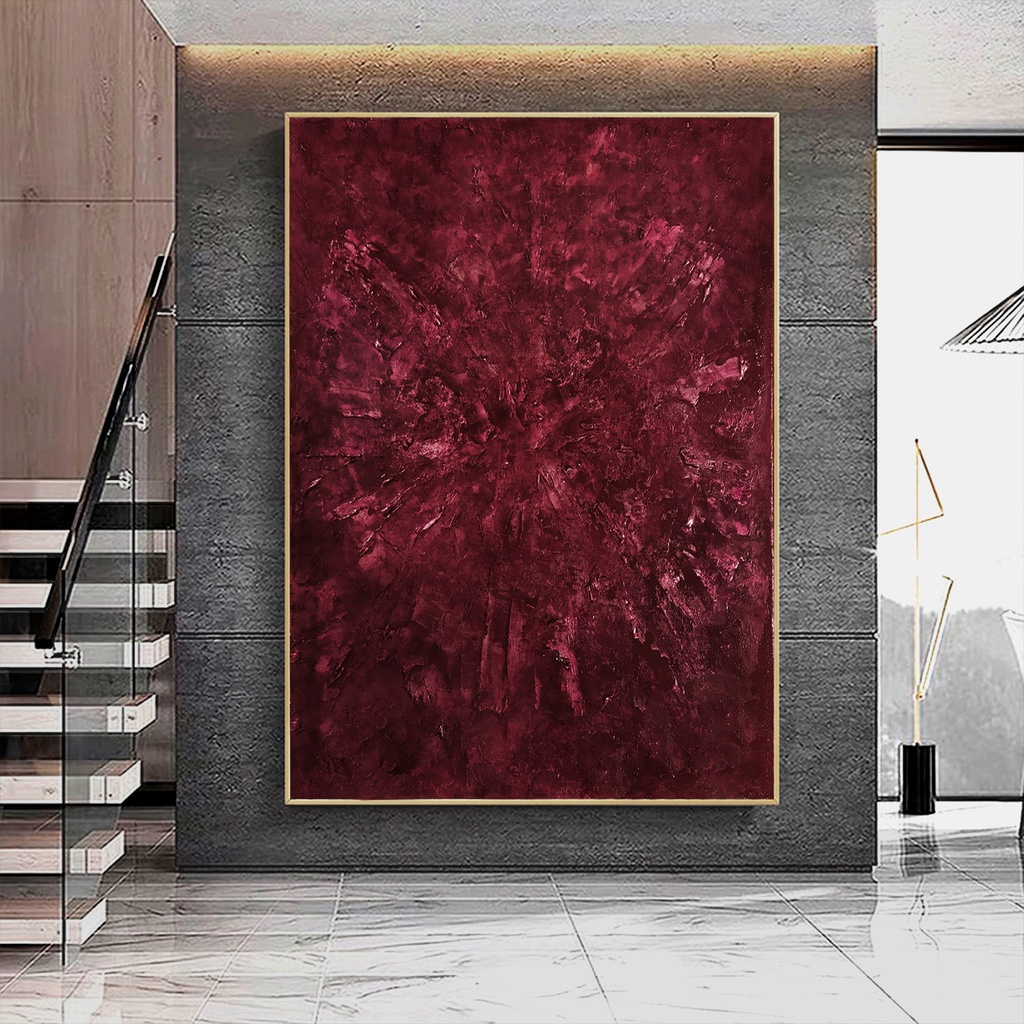 Ruby red painting on canvas, original abstract large wall art, red bordeaux burgundy color painting