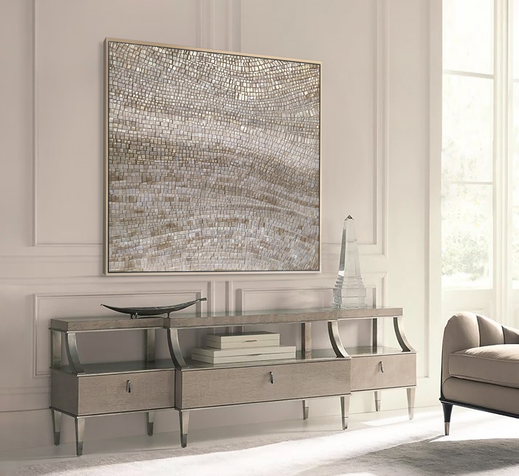 Cream and gold mosaic wall art – large neutral abstract canvas with textured surface