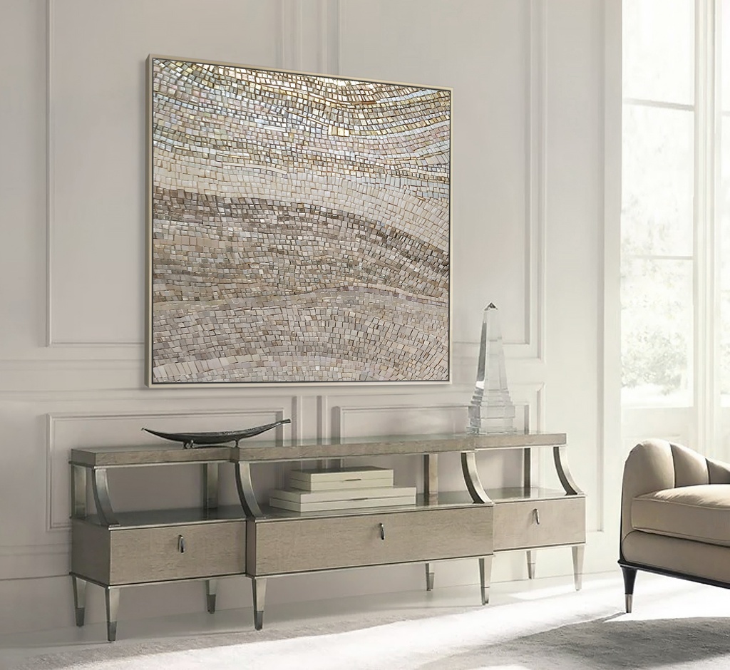 Cream and gold mosaic wall art – large neutral abstract canvas with textured surface