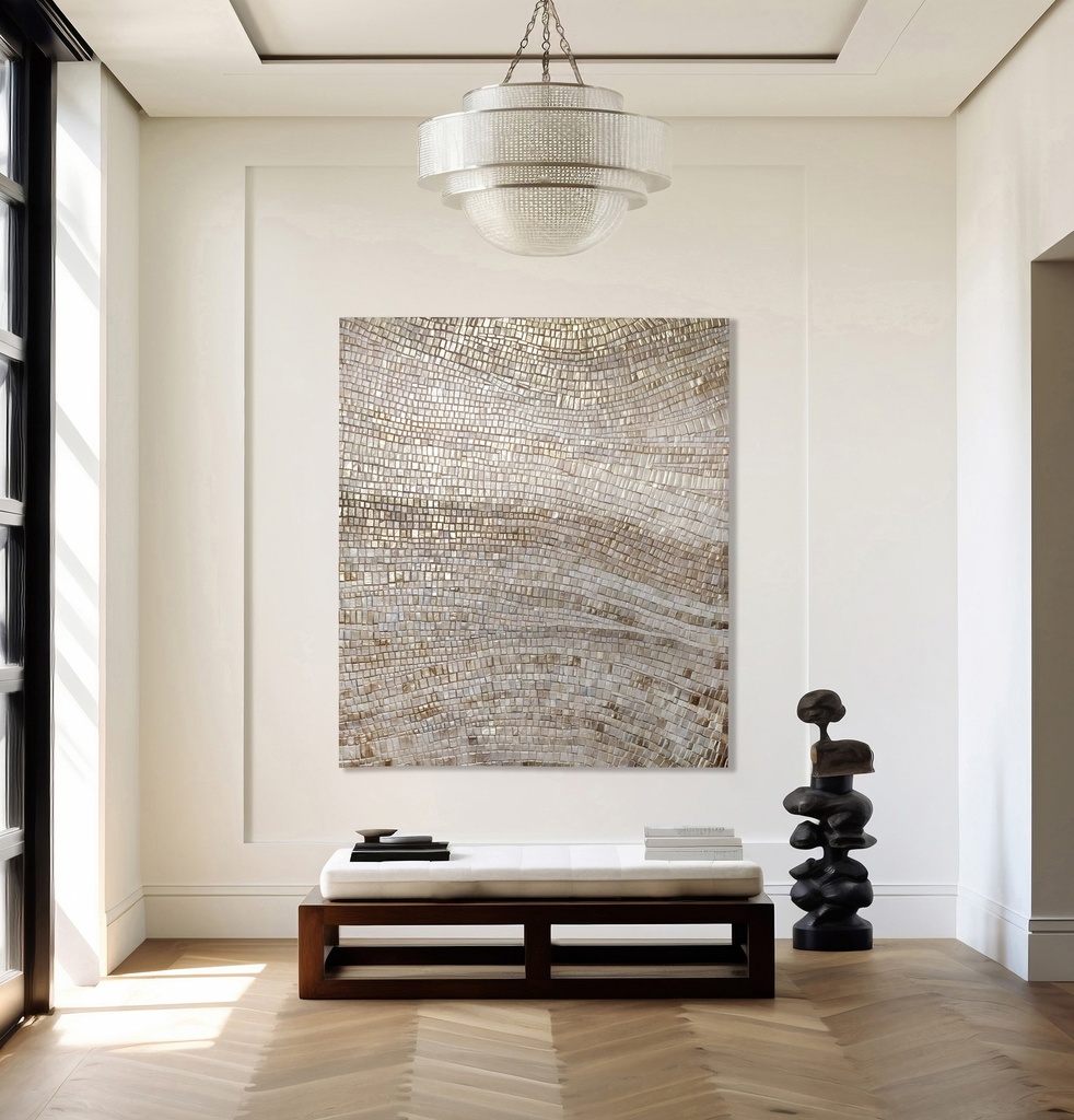 Cream and gold mosaic wall art – large neutral abstract canvas with textured surface