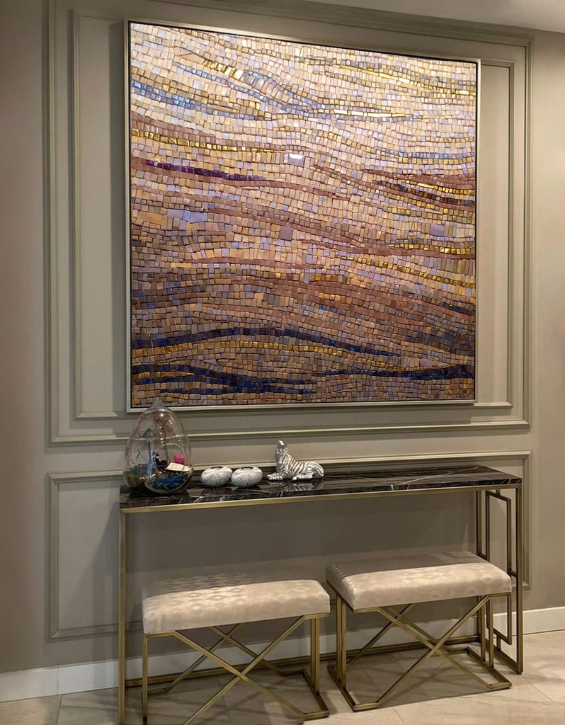 Terracotta and gold mosaic wall art – wide textured abstract canvas painting