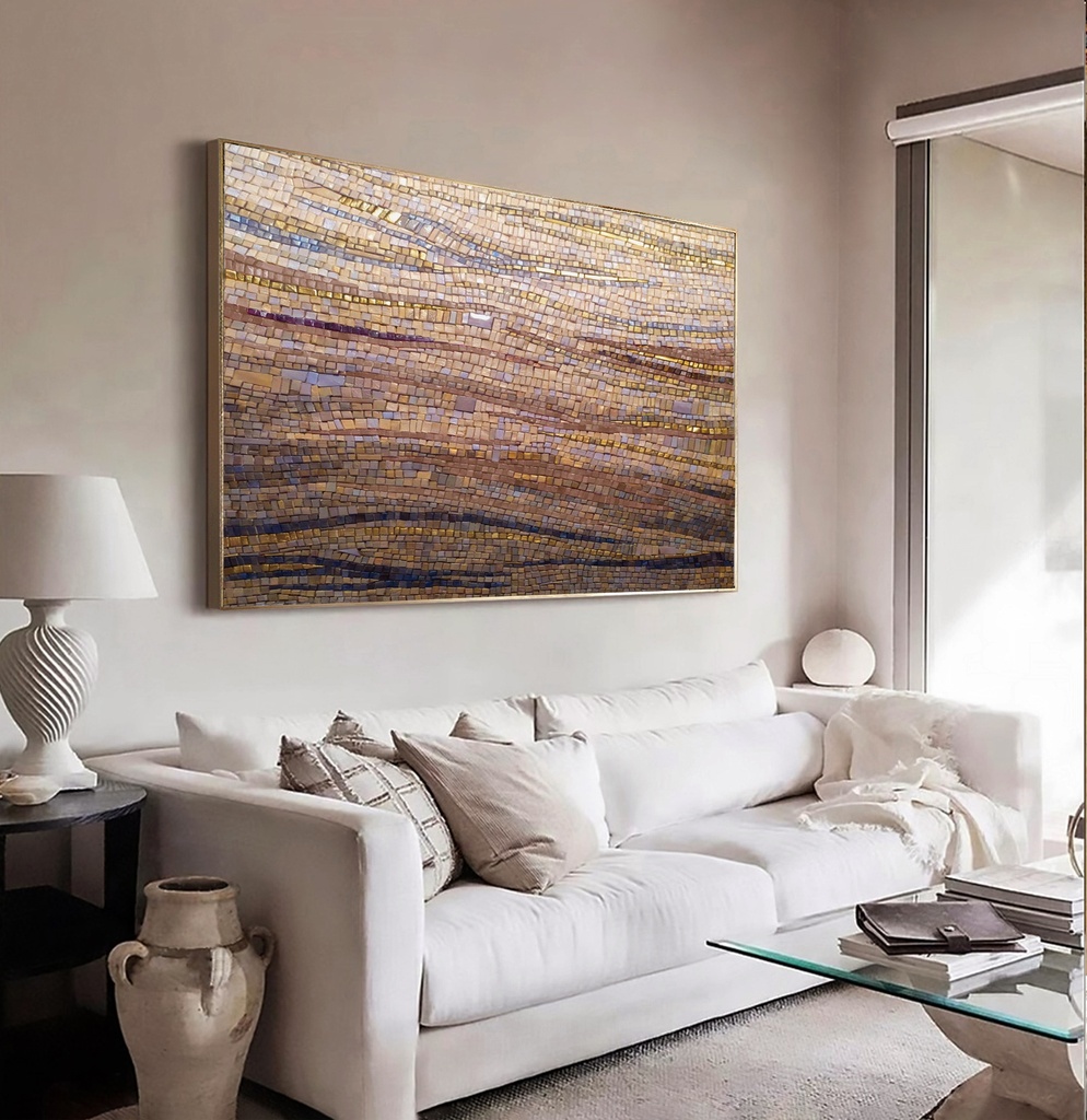 Terracotta and gold mosaic wall art – wide textured abstract canvas painting