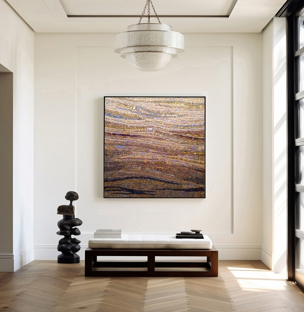 Terracotta and gold mosaic wall art – wide textured abstract canvas painting