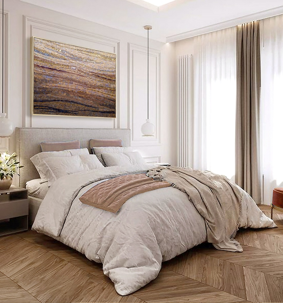 Terracotta and gold mosaic wall art – wide textured abstract canvas painting