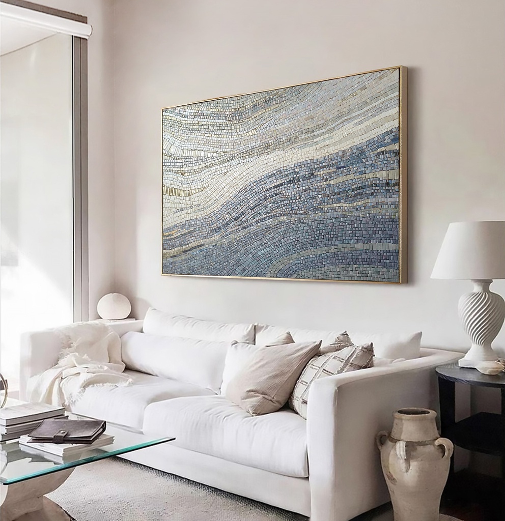 Modern mosaic wall art with abstract wave design in grey, silver, and cream colors on canvas