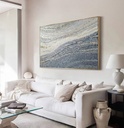 Modern mosaic wall art with abstract wave design in grey, silver, and cream colors on canvas