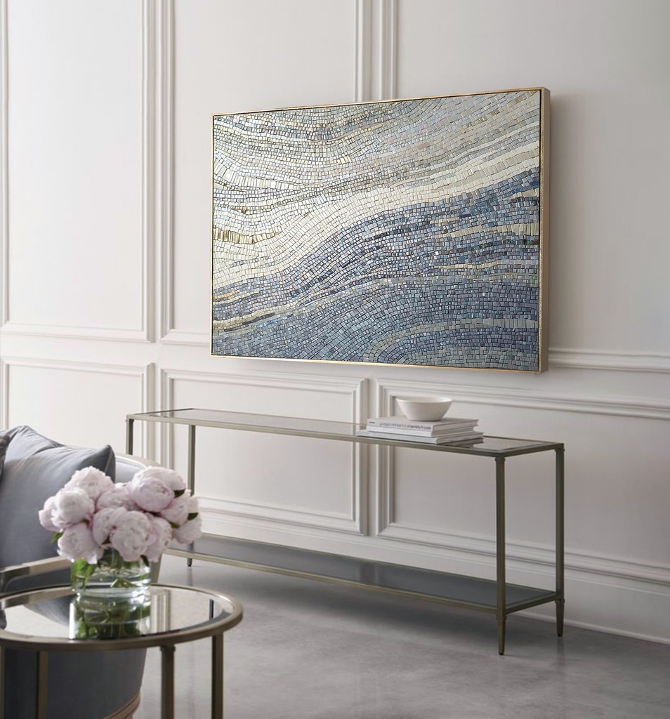 Modern mosaic wall art with abstract wave design in grey, silver, and cream colors on canvas