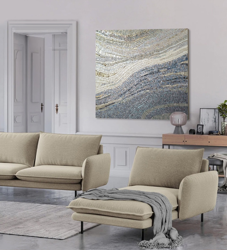 Modern mosaic wall art with abstract wave design in grey, silver, and cream colors on canvas