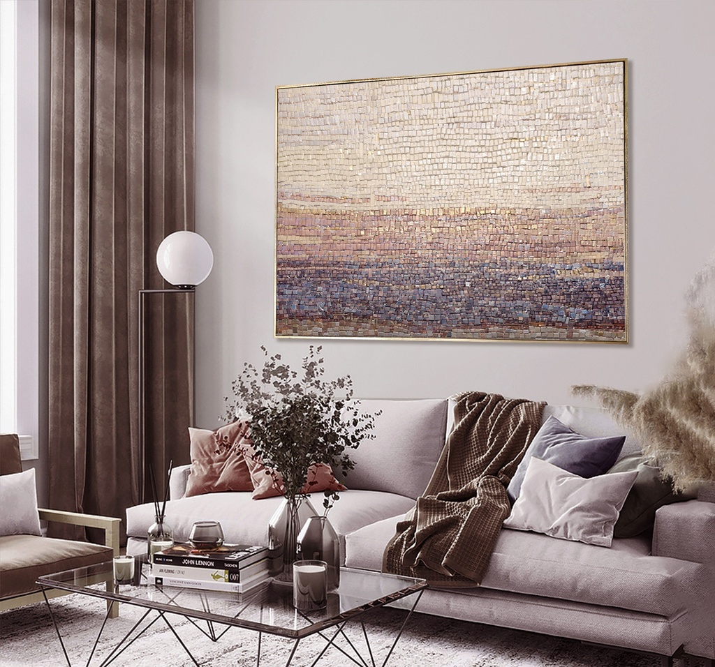 Modern abstract landscape mosaic art in pastel tones with gold and pearl shimmer on large horizontal canvas