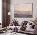 Modern abstract landscape mosaic art in pastel tones with gold and pearl shimmer on large horizontal canvas