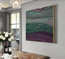 Green and purple abstract mosaic artwork on canvas with shimmering textures and bold color contrast