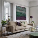 Green and purple abstract mosaic artwork on canvas with shimmering textures and bold color contrast