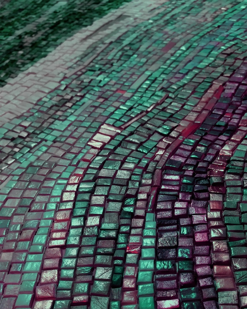 Green and purple abstract mosaic artwork on canvas with shimmering textures and bold color contrast