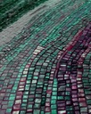 Green and purple abstract mosaic artwork on canvas with shimmering textures and bold color contrast