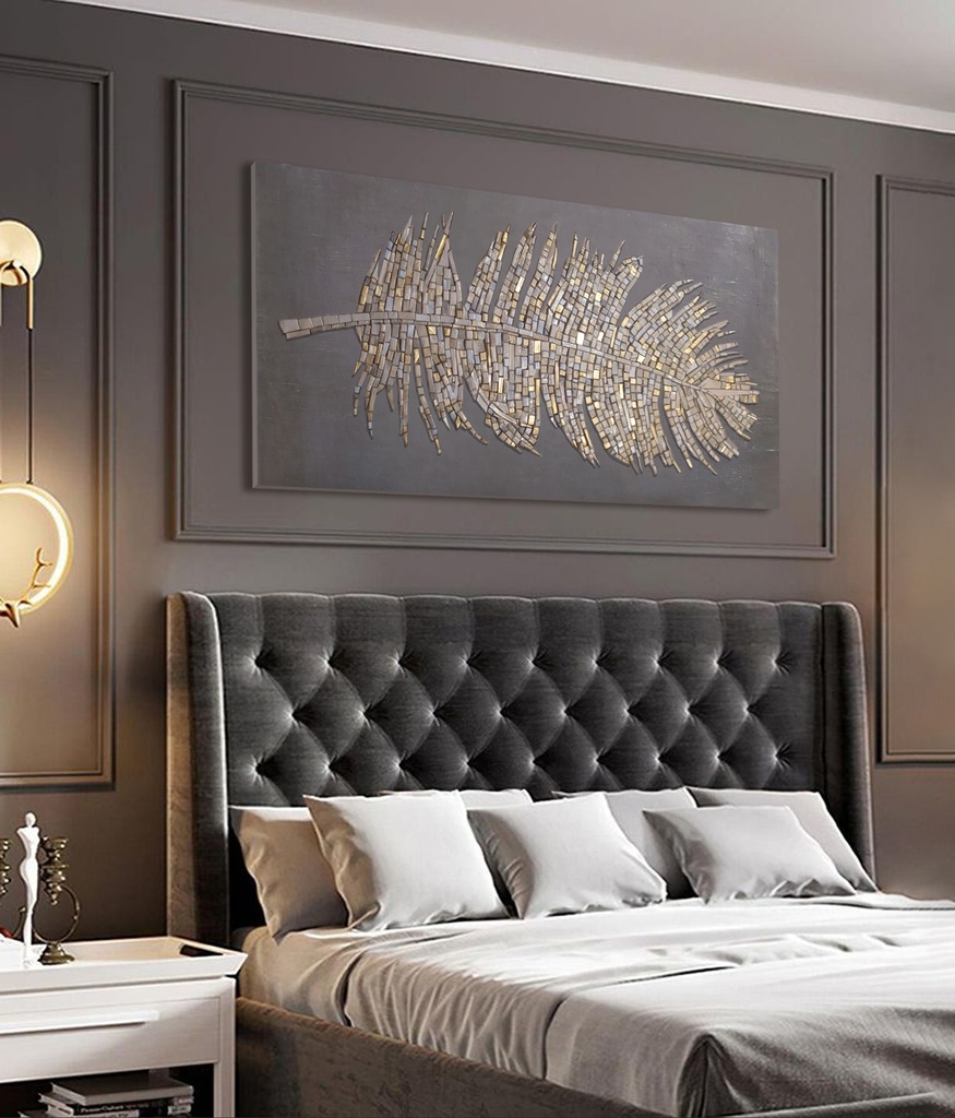Long vertical mosaic wall art in warm beige and gold tones on taupe background, ideal for narrow spaces