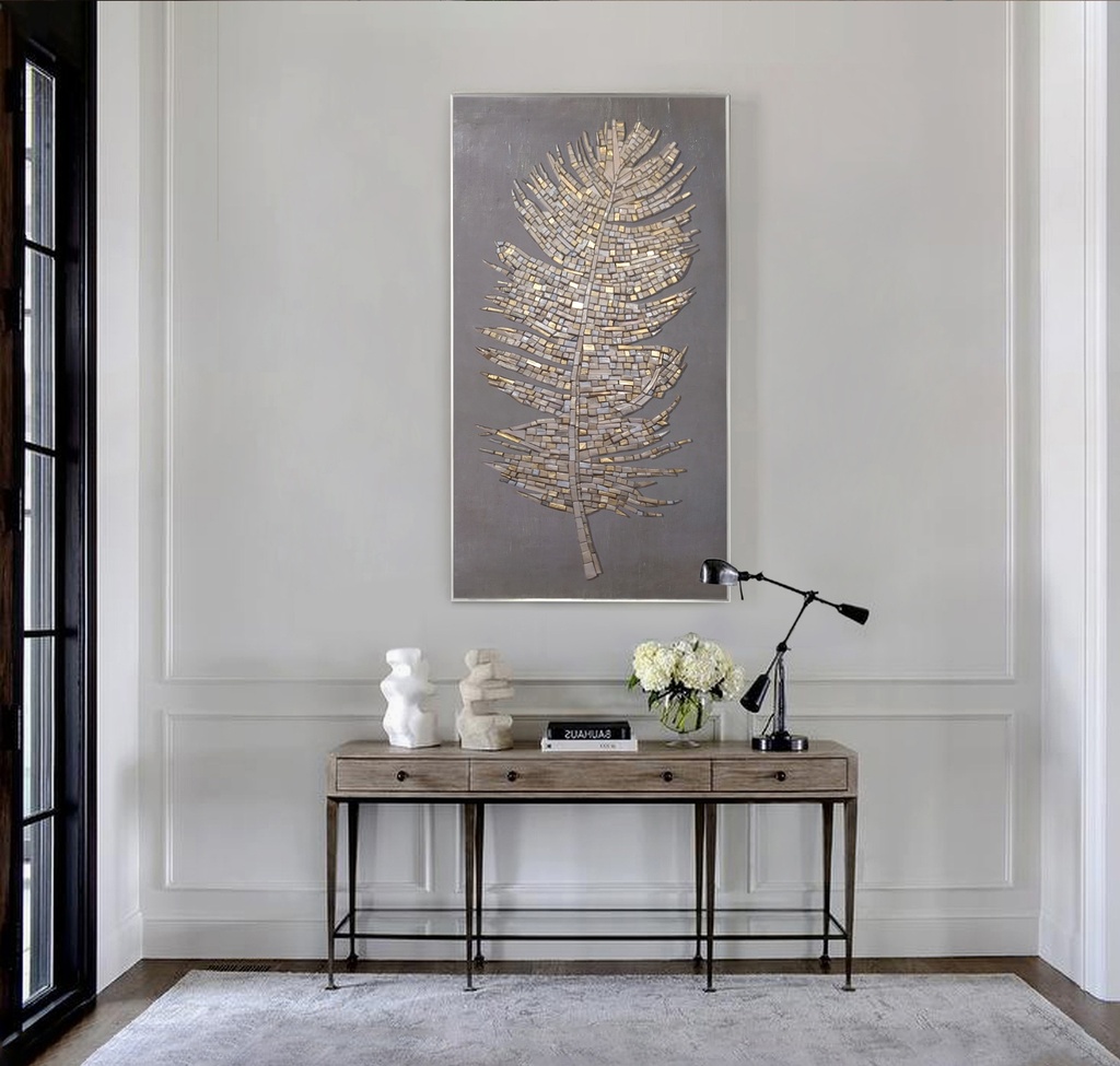 Long vertical mosaic wall art in warm beige and gold tones on taupe background, ideal for narrow spaces