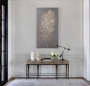 Long vertical mosaic wall art in warm beige and gold tones on taupe background, ideal for narrow spaces
