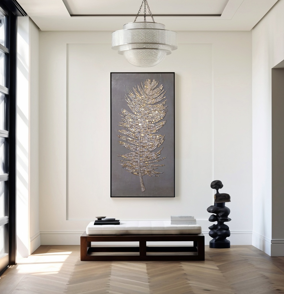 Long vertical mosaic wall art in warm beige and gold tones on taupe background, ideal for narrow spaces