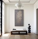 Long vertical mosaic wall art in warm beige and gold tones on taupe background, ideal for narrow spaces