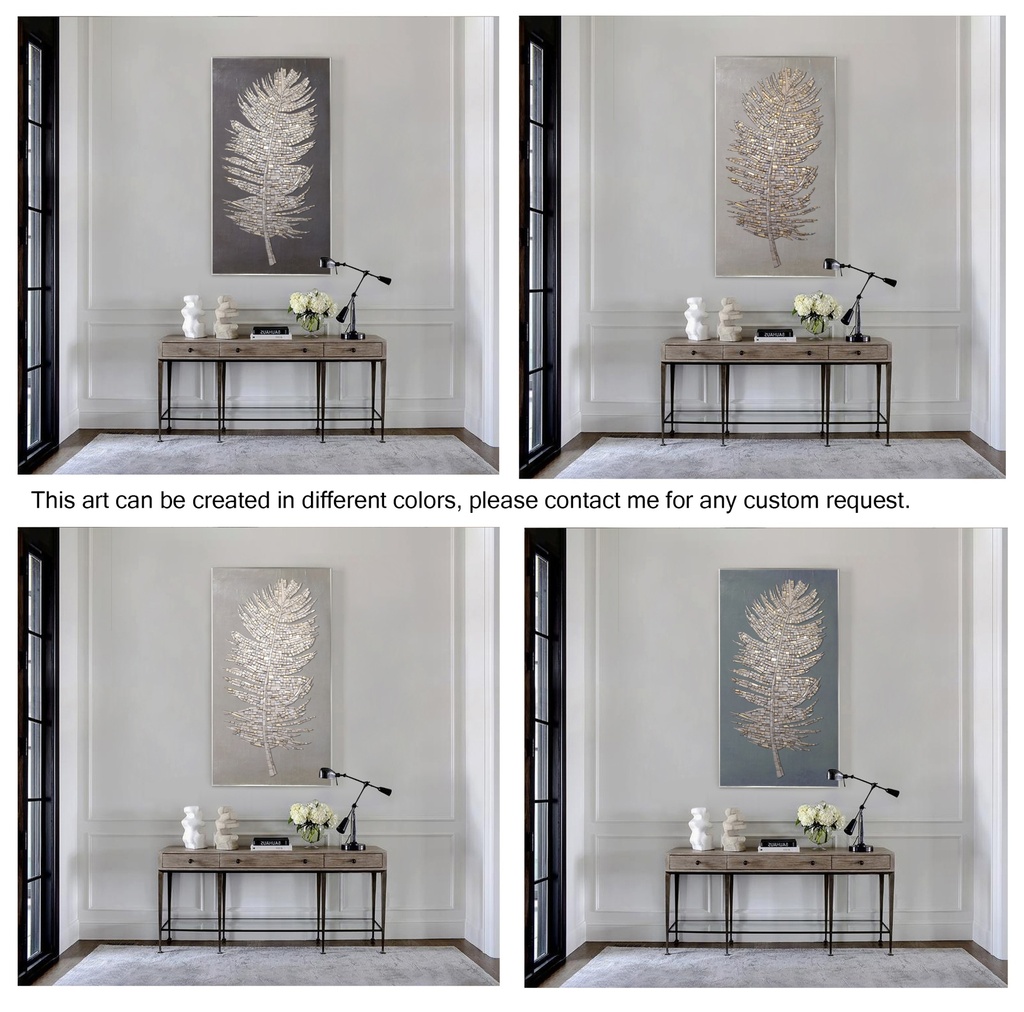 Long vertical mosaic wall art in warm beige and gold tones on taupe background, ideal for narrow spaces