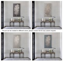 Long vertical mosaic wall art in warm beige and gold tones on taupe background, ideal for narrow spaces