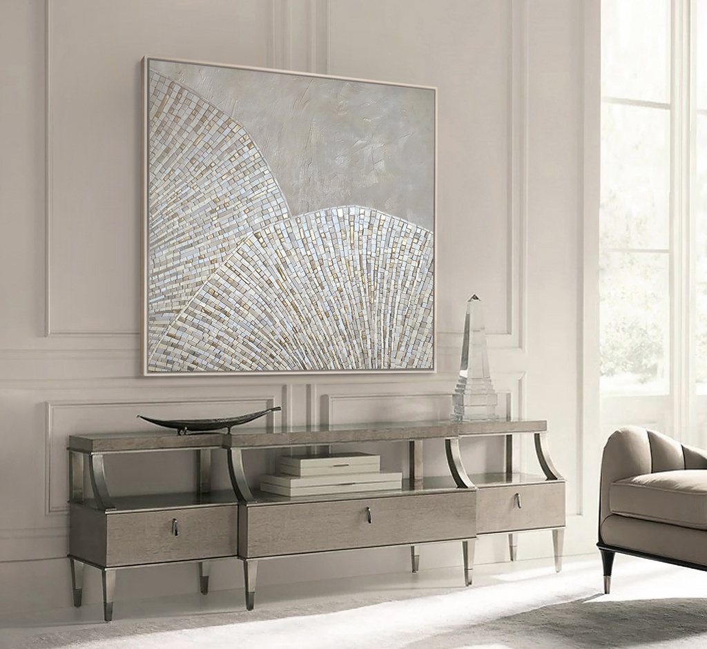 Cream and ivory abstract mosaic art on canvas featuring pearlescent and gold details in a shell-inspired pattern