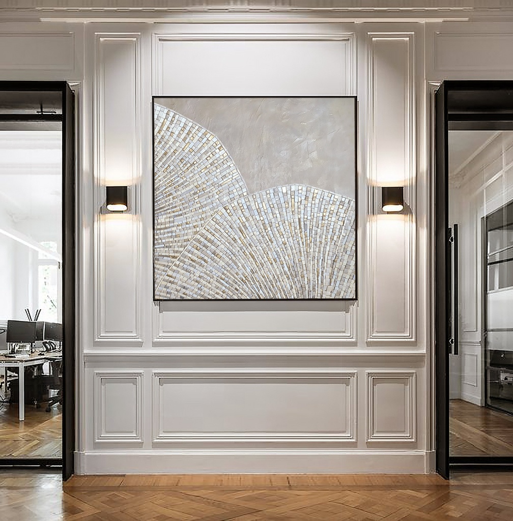 Cream and ivory abstract mosaic art on canvas featuring pearlescent and gold details in a shell-inspired pattern