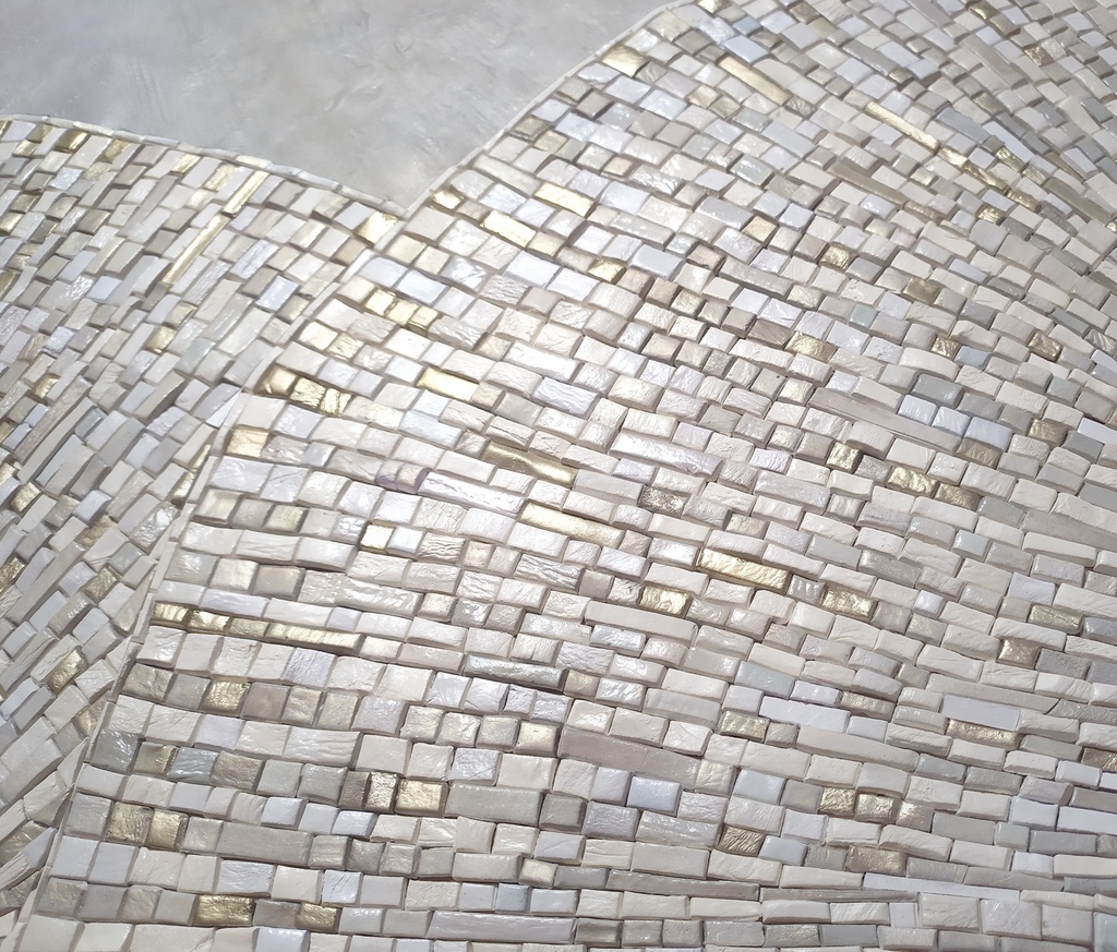 Cream and ivory abstract mosaic art on canvas featuring pearlescent and gold details in a shell-inspired pattern