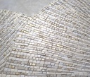 Cream and ivory abstract mosaic art on canvas featuring pearlescent and gold details in a shell-inspired pattern