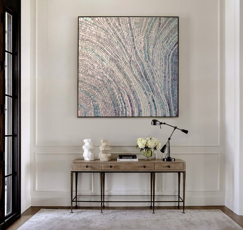 Large light blue mosaic wall art with pearlescent details and delicate botanical lines, perfect for modern interiors