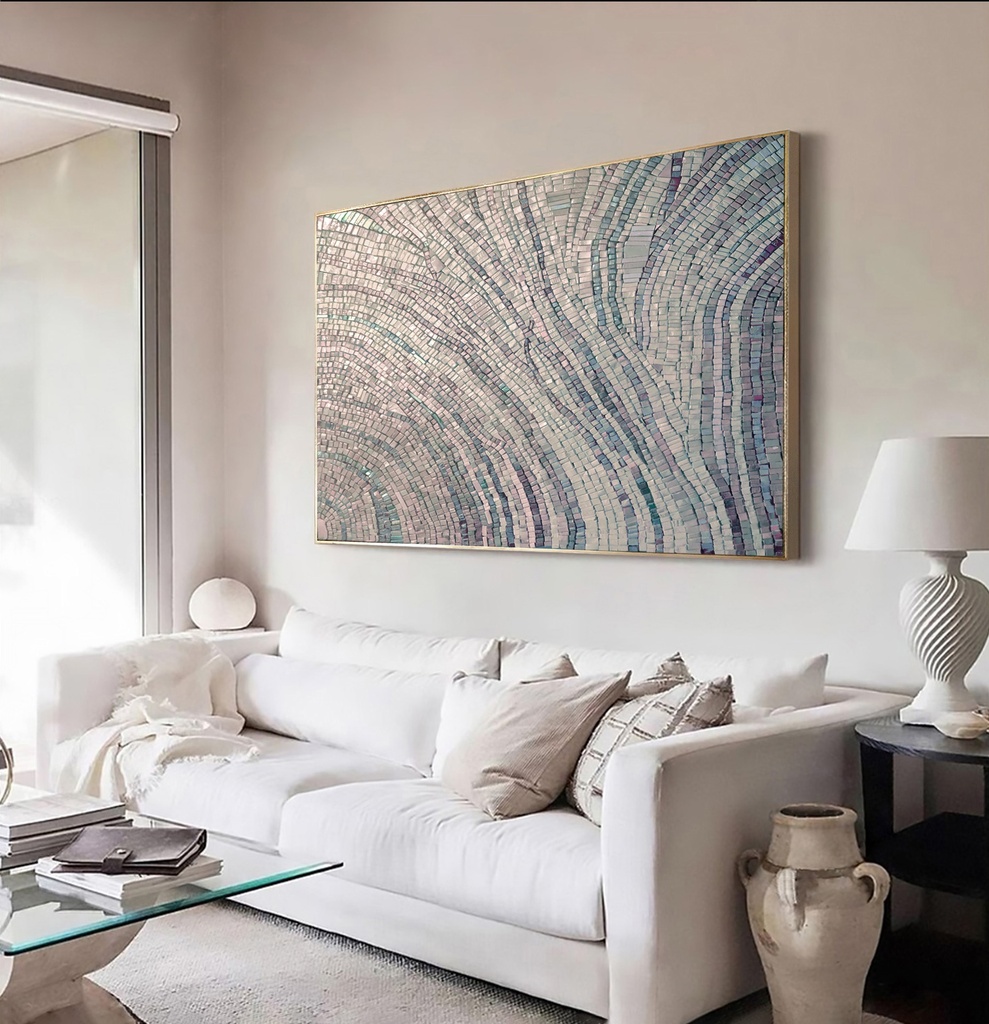Large light blue mosaic wall art with pearlescent details and delicate botanical lines, perfect for modern interiors
