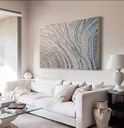Large light blue mosaic wall art with pearlescent details and delicate botanical lines, perfect for modern interiors