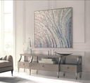 Large light blue mosaic wall art with pearlescent details and delicate botanical lines, perfect for modern interiors