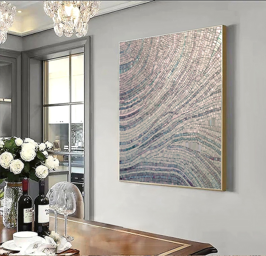 Large light blue mosaic wall art with pearlescent details and delicate botanical lines, perfect for modern interiors