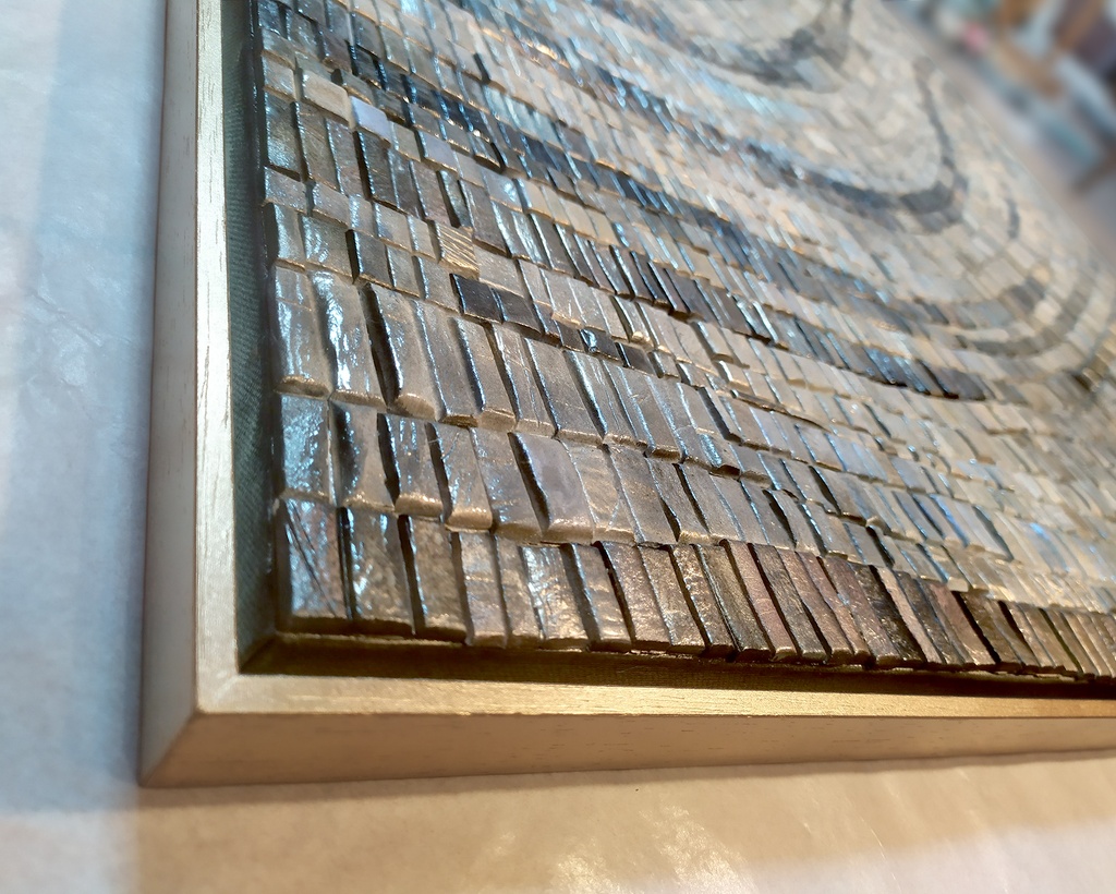 Large light blue mosaic wall art with pearlescent details and delicate botanical lines, perfect for modern interiors