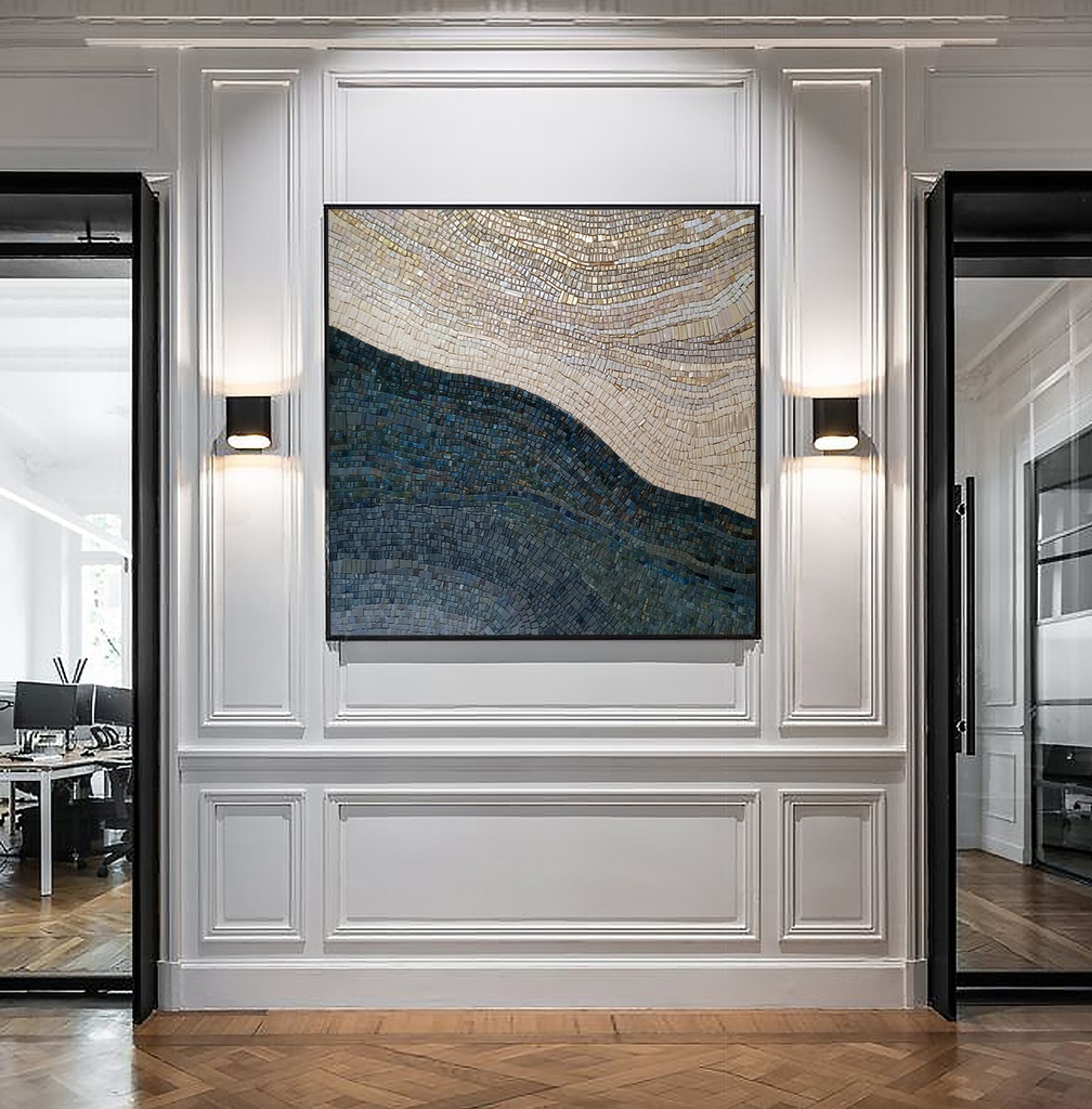Large navy and cream mosaic wall art with a wave-shaped abstract composition, shimmering textures, and modern design