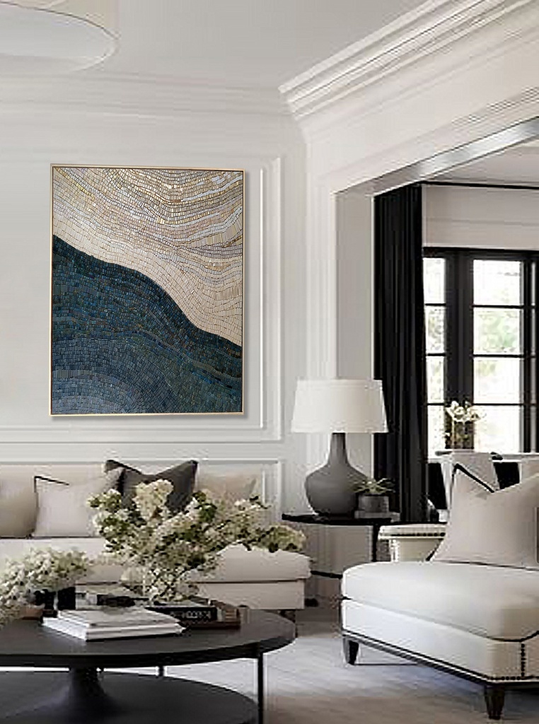 Large navy and cream mosaic wall art with a wave-shaped abstract composition, shimmering textures, and modern design