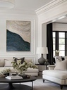 Large navy and cream mosaic wall art with a wave-shaped abstract composition, shimmering textures, and modern design