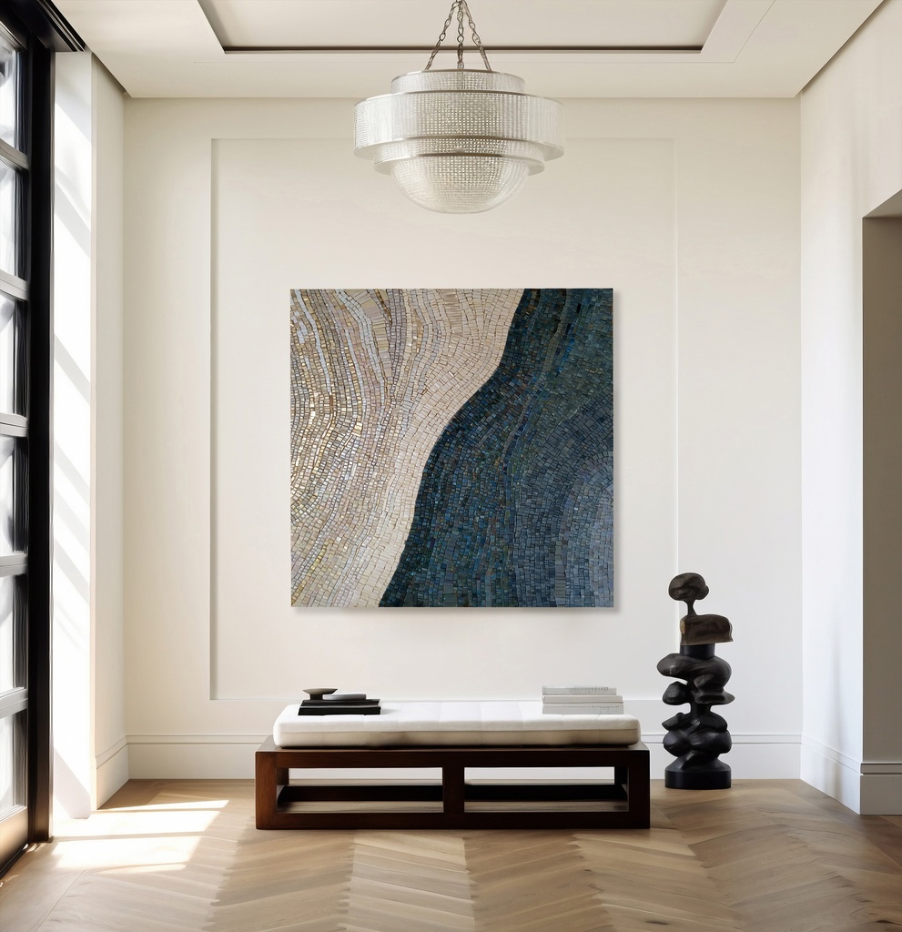 Large navy and cream mosaic wall art with a wave-shaped abstract composition, shimmering textures, and modern design