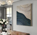 Large navy and cream mosaic wall art with a wave-shaped abstract composition, shimmering textures, and modern design
