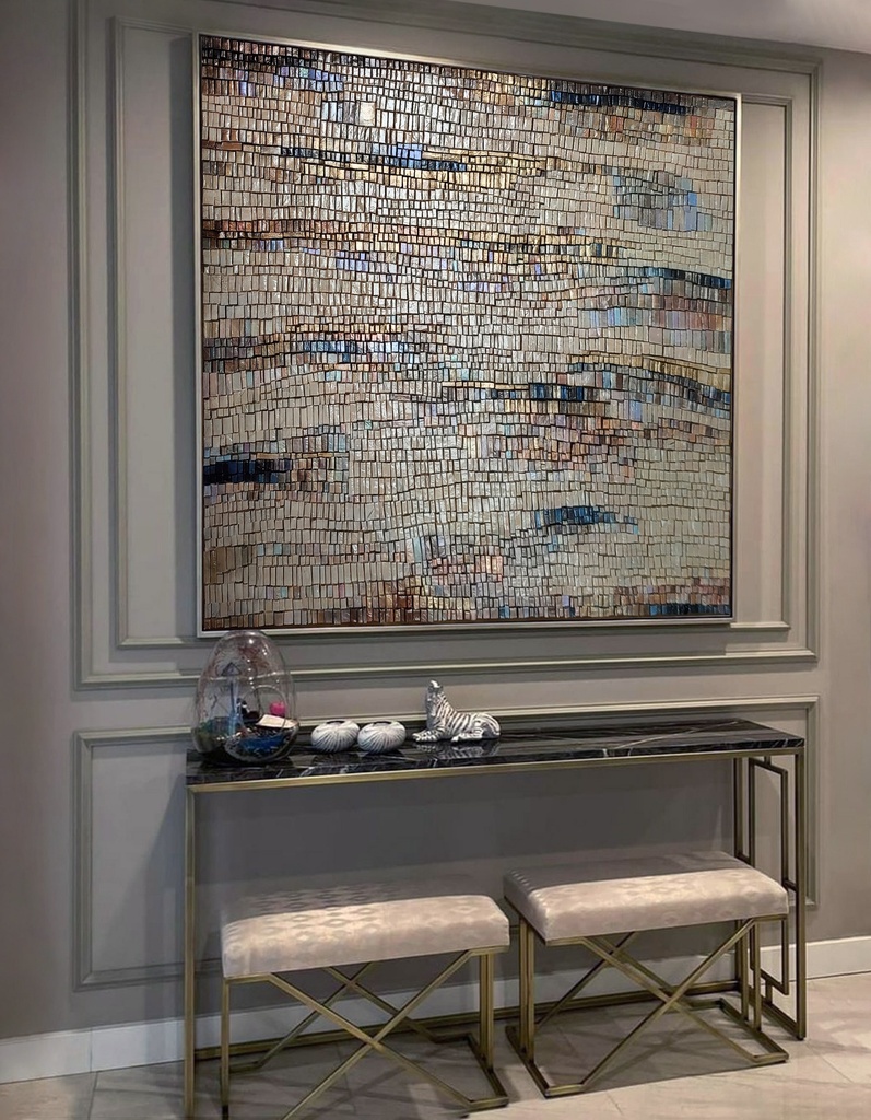 Large neutral mosaic wall art on beige background with colorful stripes and shimmering gold accents, modern textured abstract design