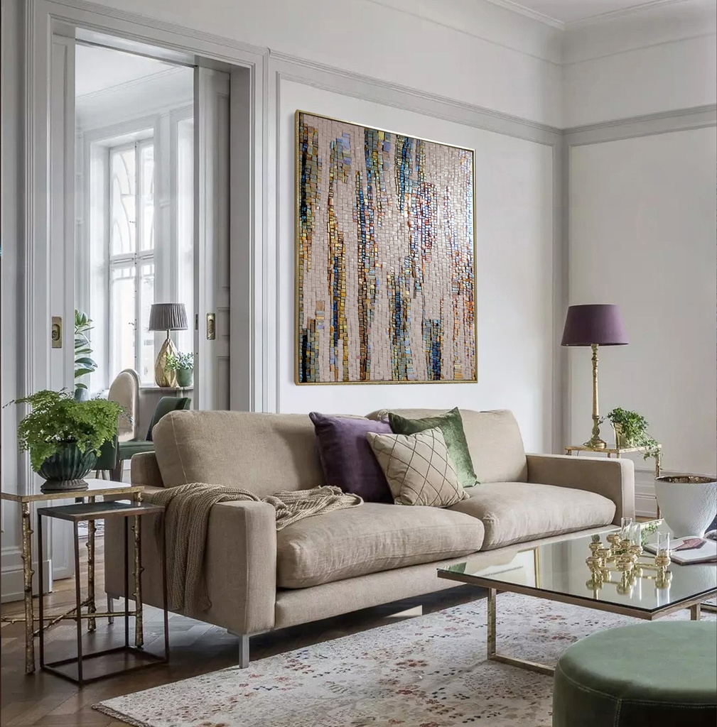 Large neutral mosaic wall art on beige background with colorful stripes and shimmering gold accents, modern textured abstract design