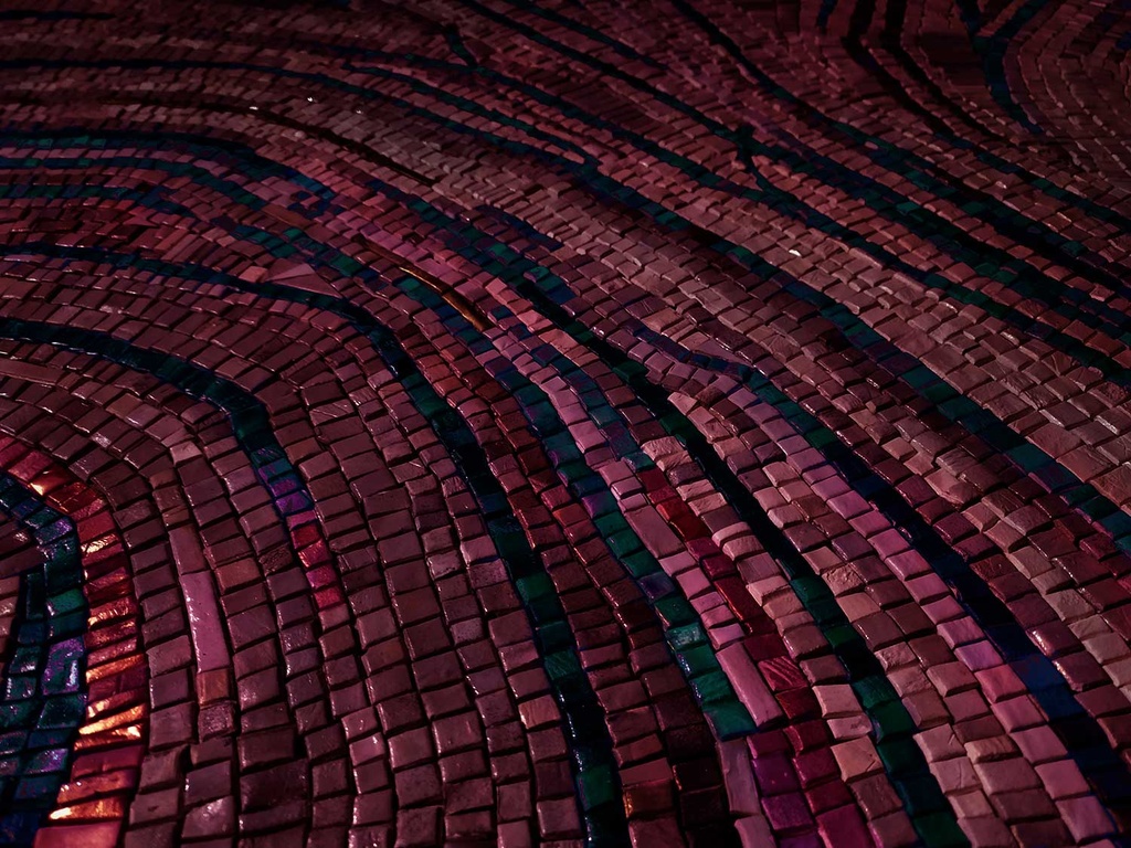 Large burgundy and ruby mosaic wall art with fan-shaped branching pattern, modern abstract design in deep jewel tones