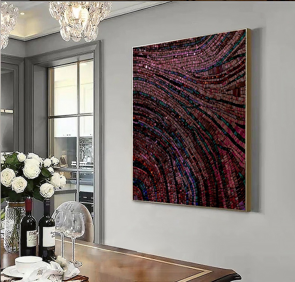 Large burgundy and ruby mosaic wall art with fan-shaped branching pattern, modern abstract design in deep jewel tones