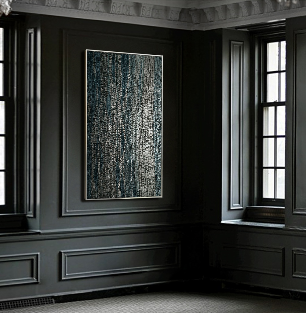 Long dark blue mosaic wall art with metallic silver texture on vertical canvas