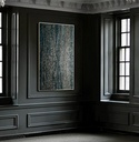 Long dark blue mosaic wall art with metallic silver texture on vertical canvas