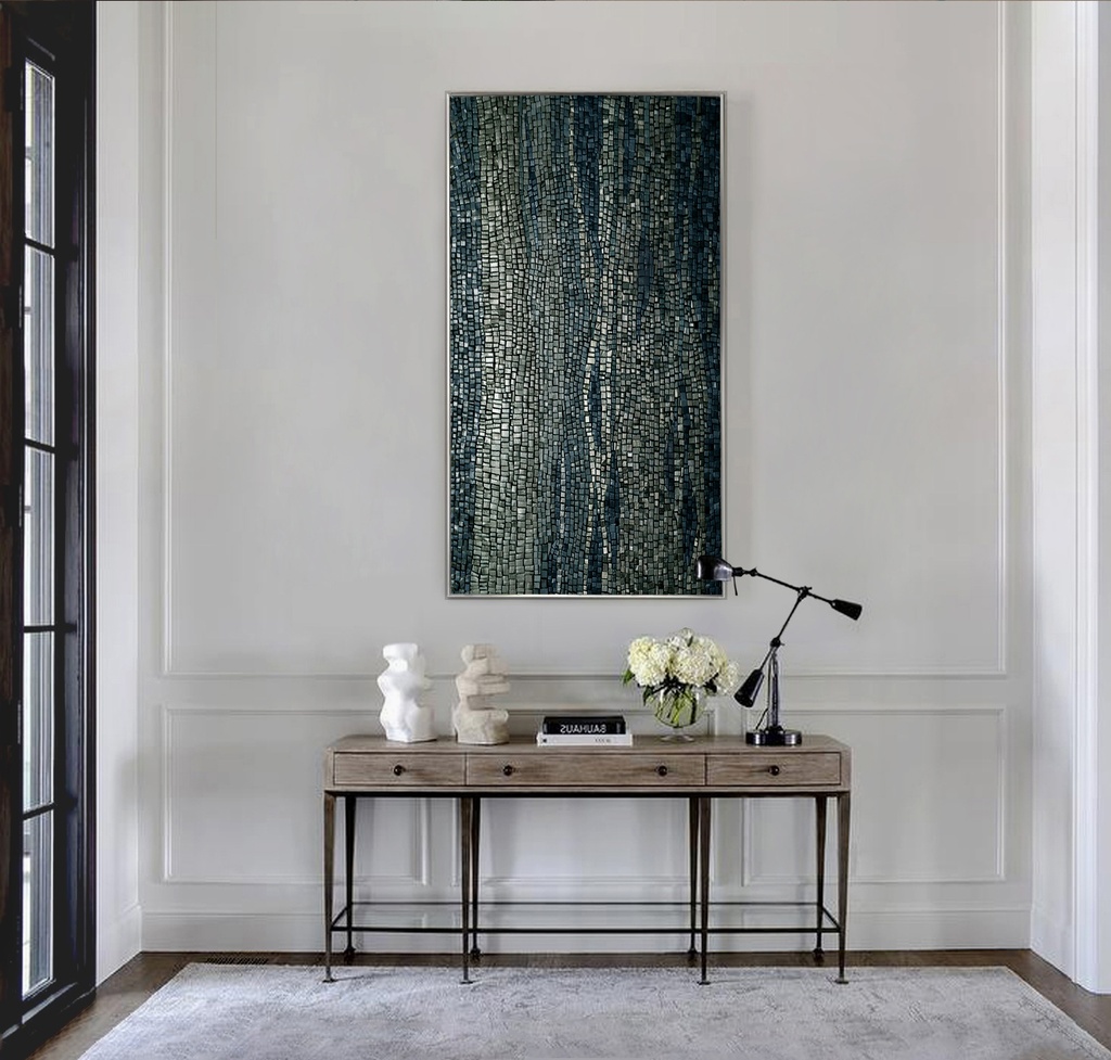 Long dark blue mosaic wall art with metallic silver texture on vertical canvas